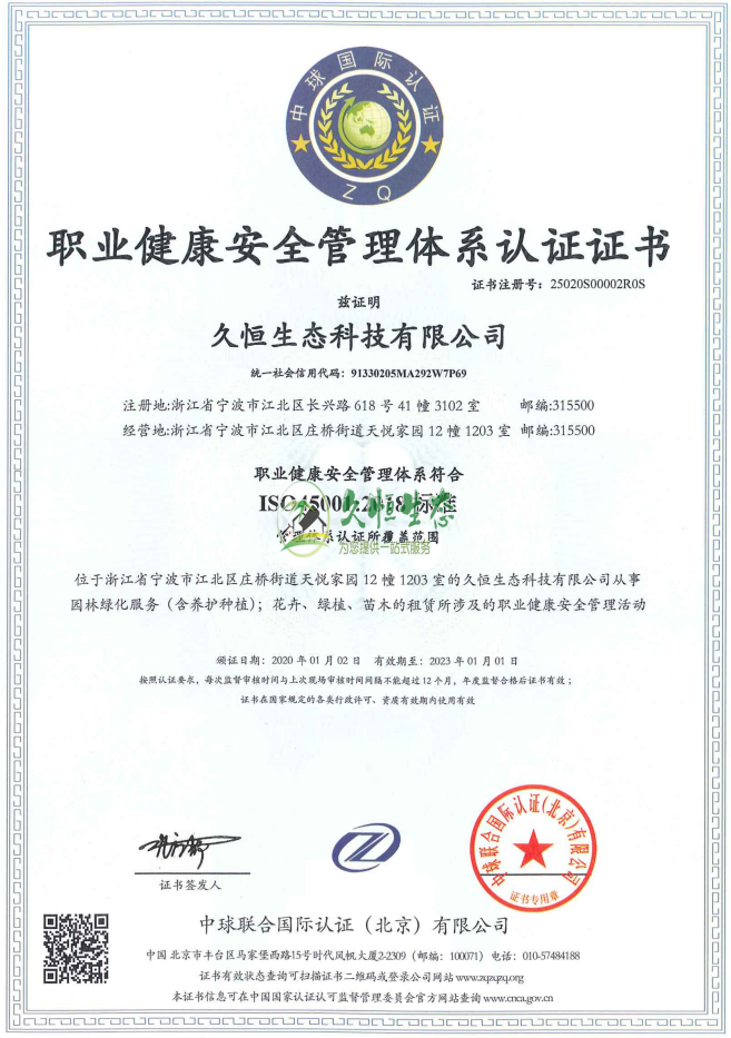 江宁职业健康安全管理体系ISO45001证书